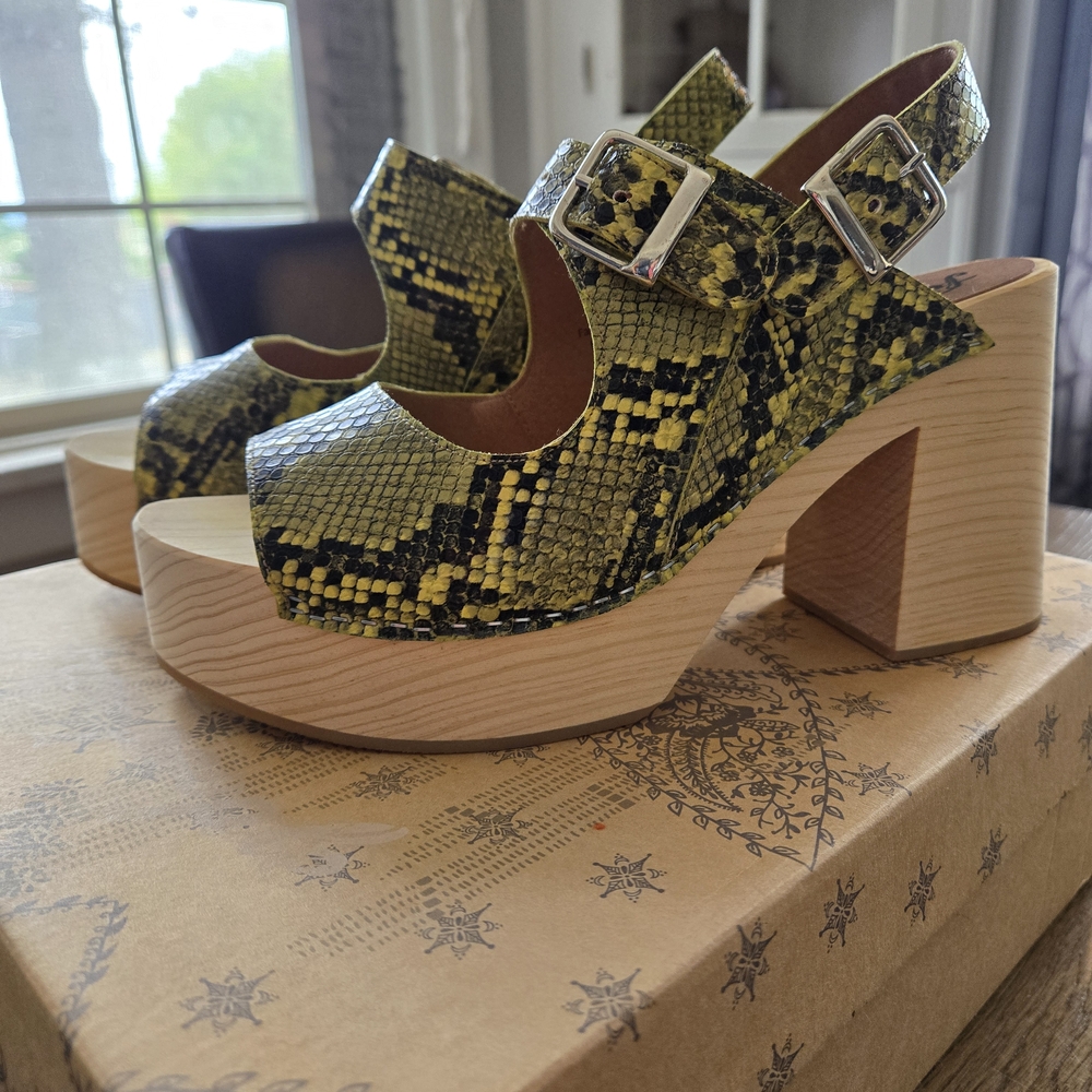 Free People Yellow and Black Snake Print Platform Sandals